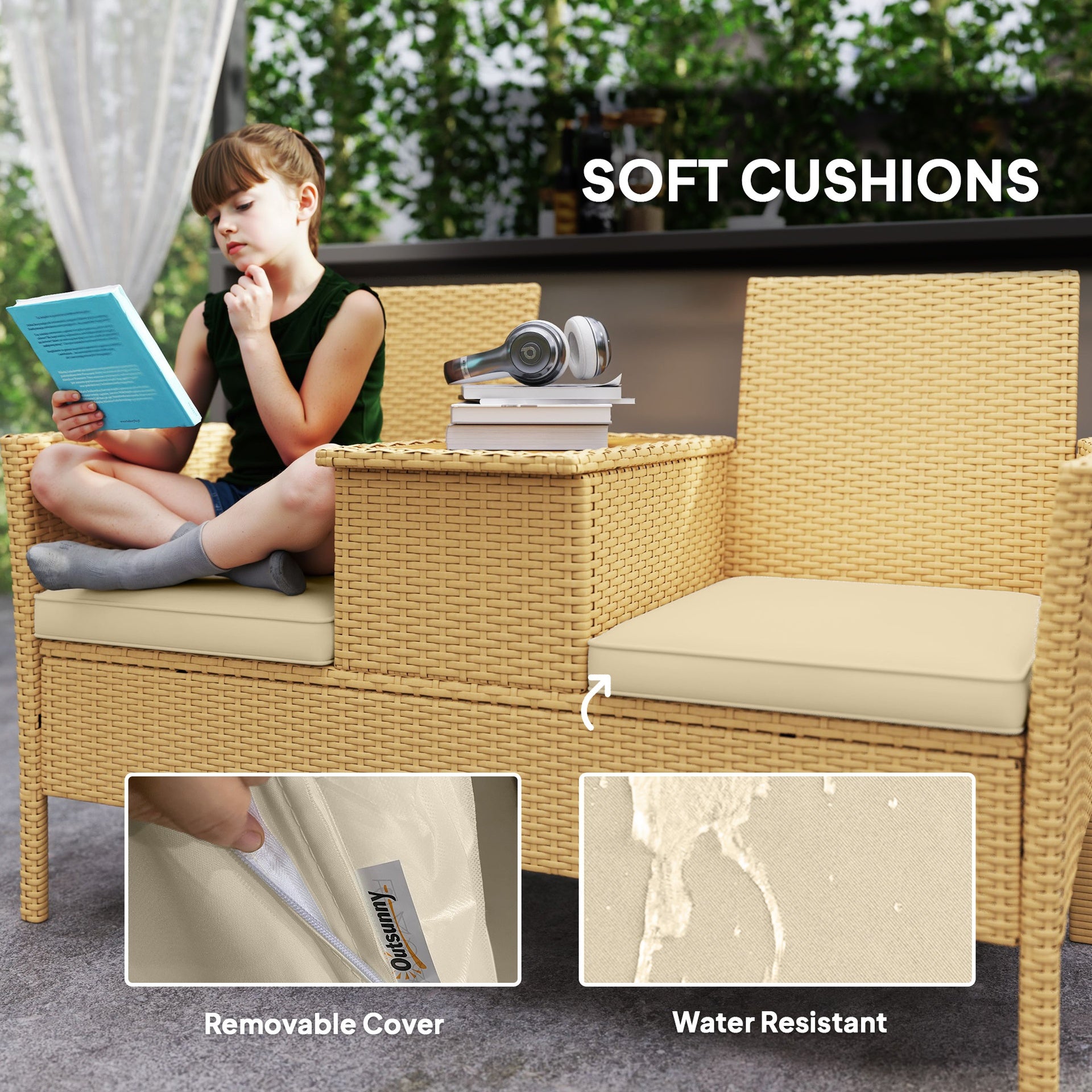 Outsunny Patio Sofa Wicker Loveseat with Built-in Flip-Top Coffee Table and Cushions for Balcony, Garden, Lawn, Backyard, Khaki