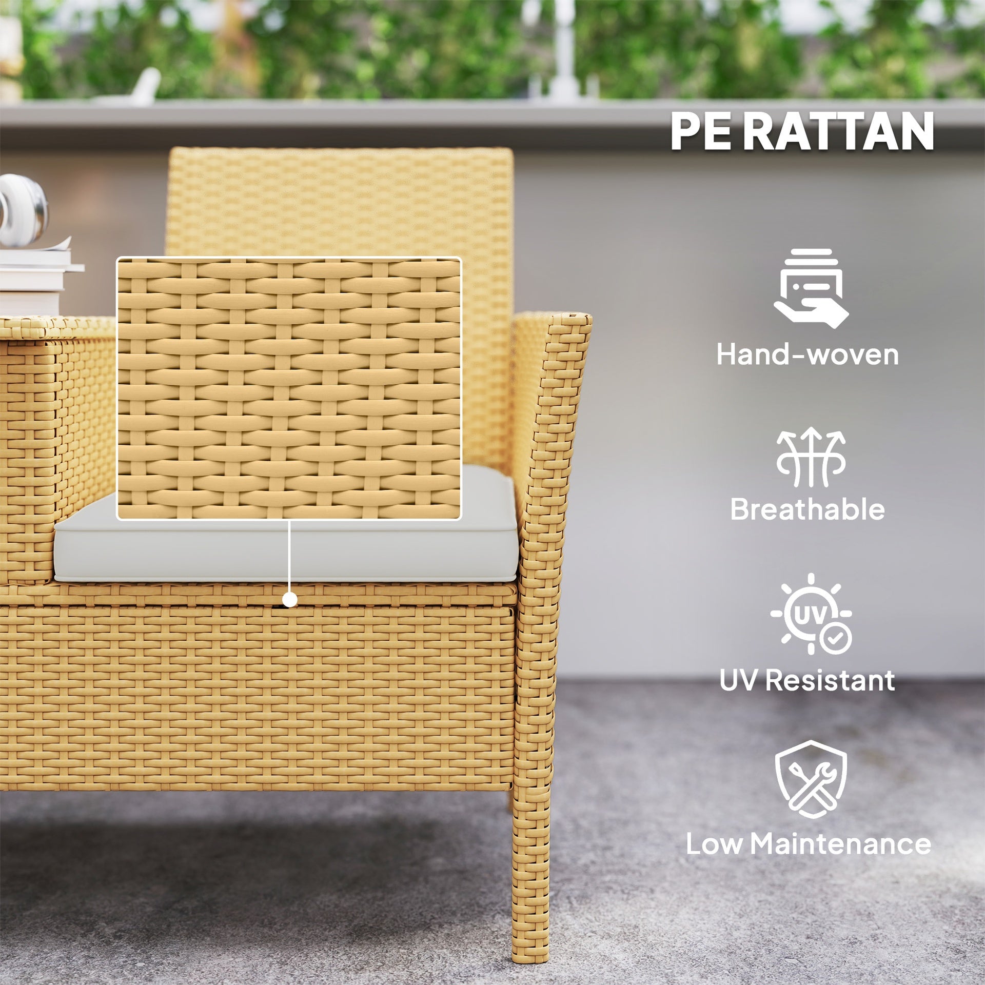 Outsunny Patio Sofa Wicker Loveseat with Built-in Flip-Top Coffee Table and Cushions for Balcony, Garden, Lawn, Backyard, Khaki