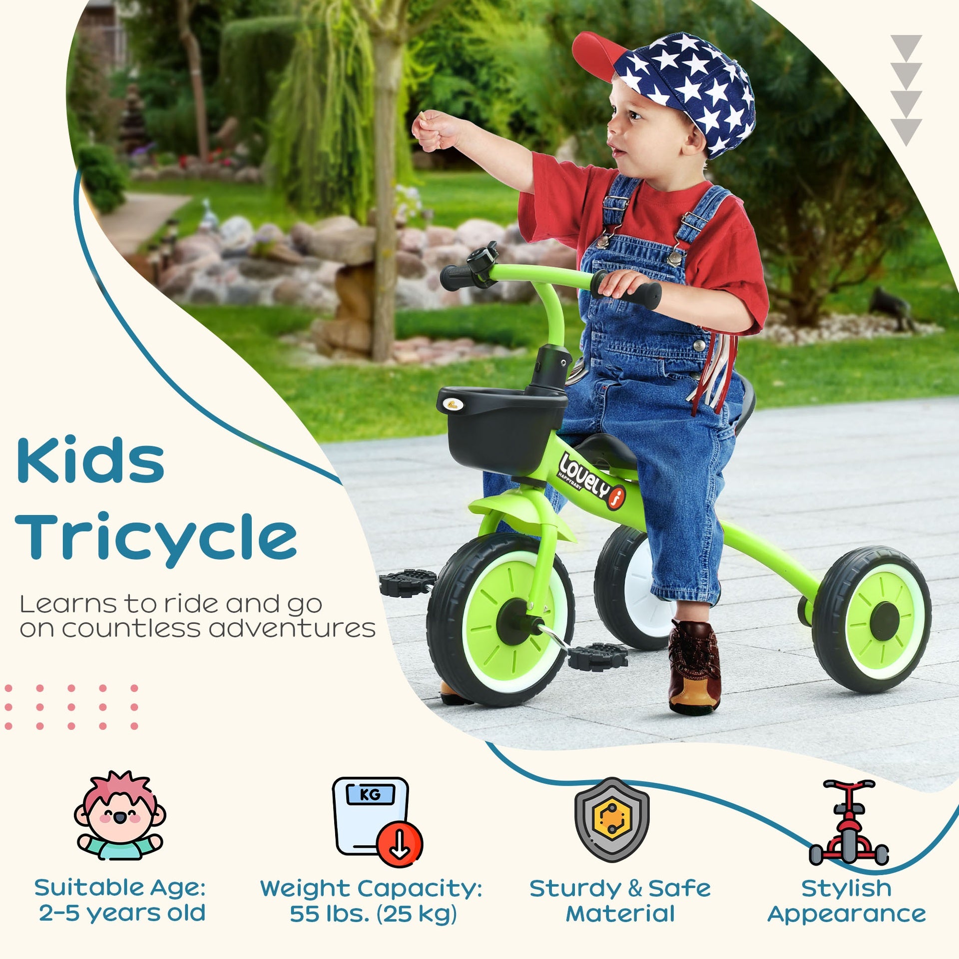 Qaba Tricycle for Kids Age 2-5, Toddler Bike for Children, Green