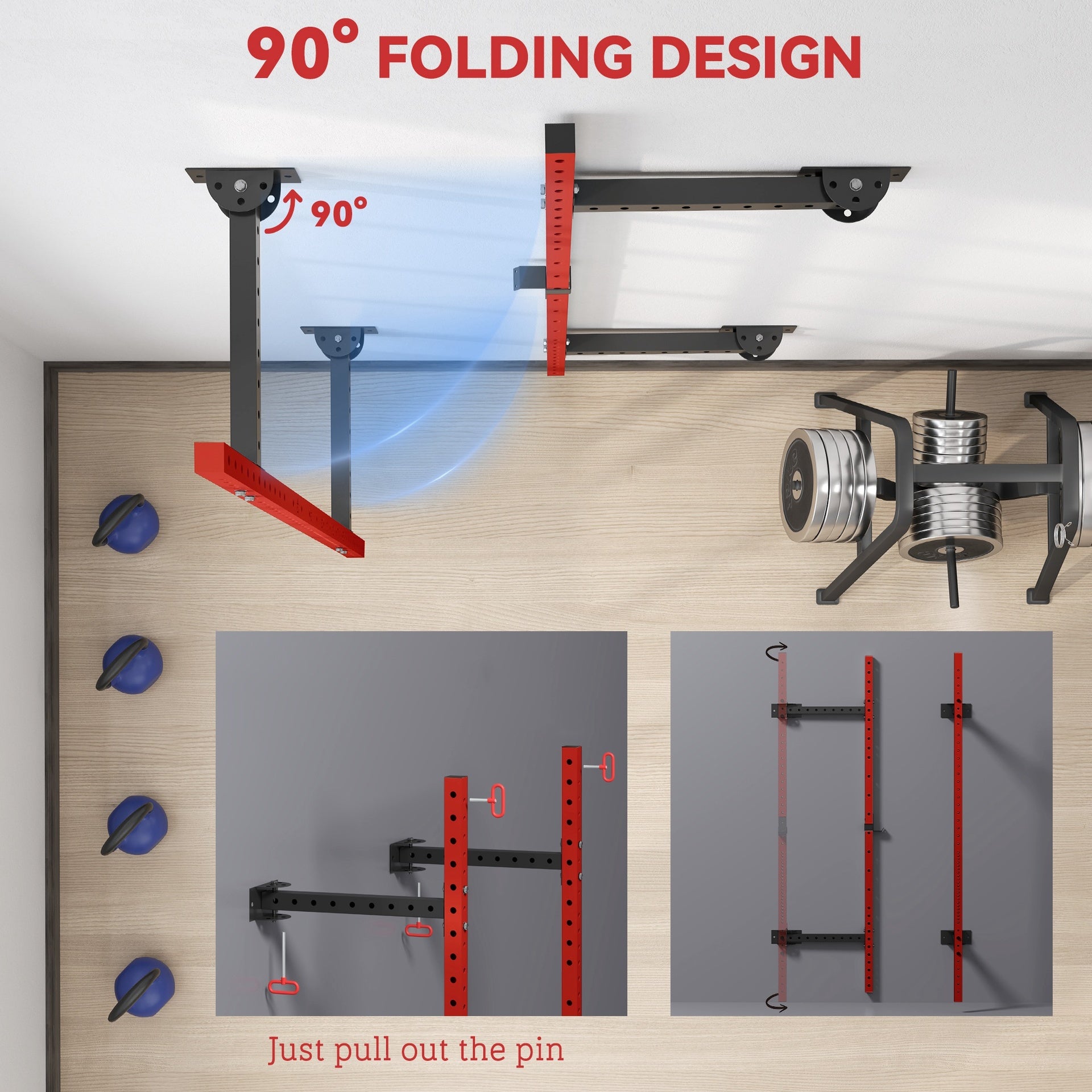 Soozier Folding Squat Rack with Pull Up Bar, Wall Mounted and Adjustable, 1000 Pounds Capacity Power Rack, Red