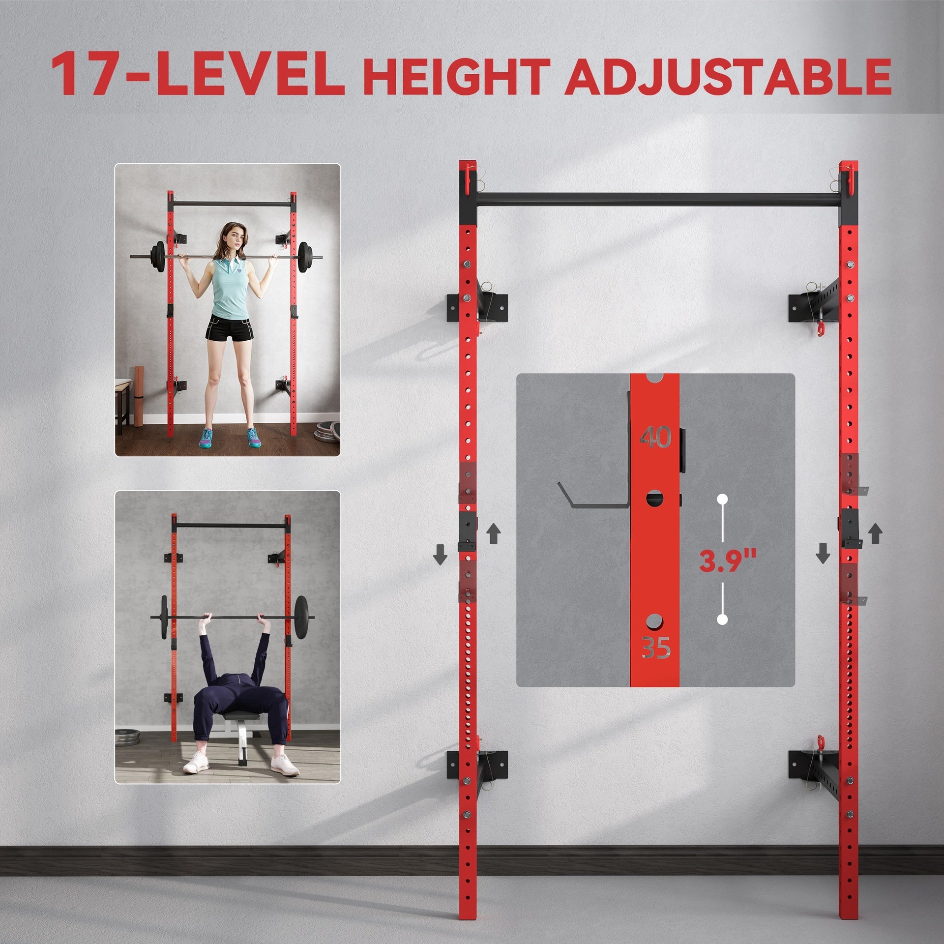 Soozier Folding Squat Rack with Pull Up Bar, Wall Mounted and Adjustable, 1000 Pounds Capacity Power Rack, Red
