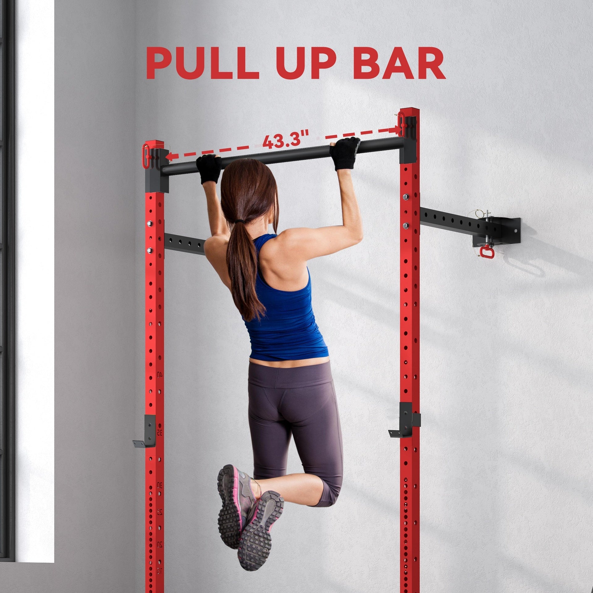 Soozier Folding Squat Rack with Pull Up Bar, Wall Mounted and Adjustable, 1000 Pounds Capacity Power Rack, Red