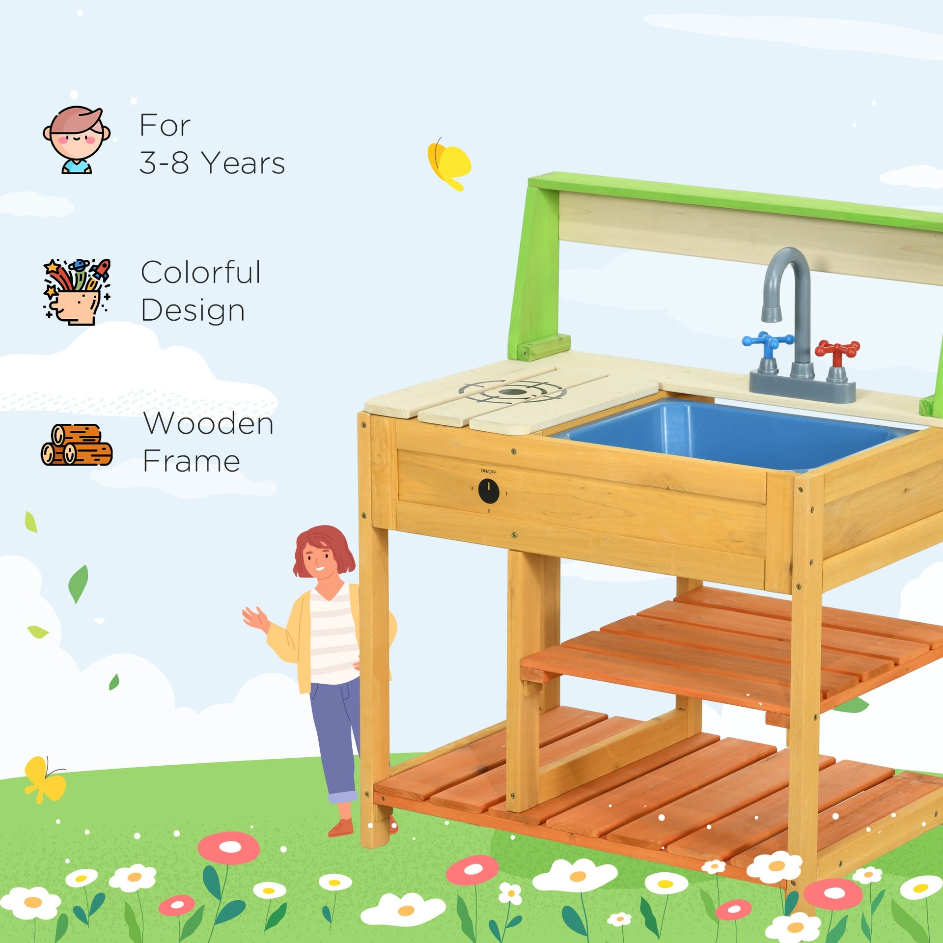 Outsunny Mud Kitchen for Kids Outdoor Kitchen Playset w/ Realistic Kitchen Toys, Faucet Sink Storage Shelves for Ages 3-8 Years