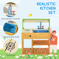 Outsunny Mud Kitchen for Kids Outdoor Kitchen Playset w/ Realistic Kitchen Toys, Faucet Sink Storage Shelves for Ages 3-8 Years