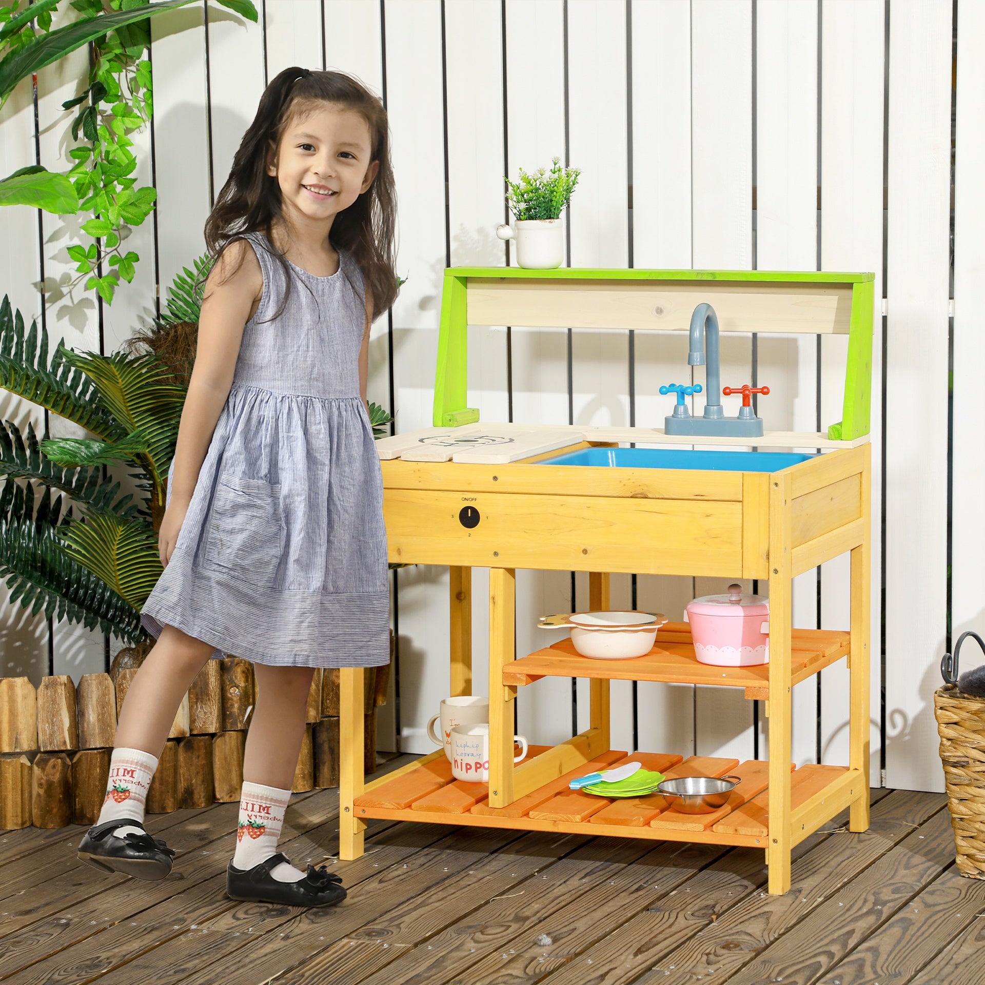 Outsunny Mud Kitchen for Kids Outdoor Kitchen Playset w/ Realistic Kitchen Toys, Faucet Sink Storage Shelves for Ages 3-8 Years