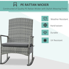 Outsunny 3 Piece Outdoor PE Rattan Rocking Chair Set, Patio Wicker Recliner Rocker Chair with Soft Cushion & Nature Wood Top Coffee Table, Gray