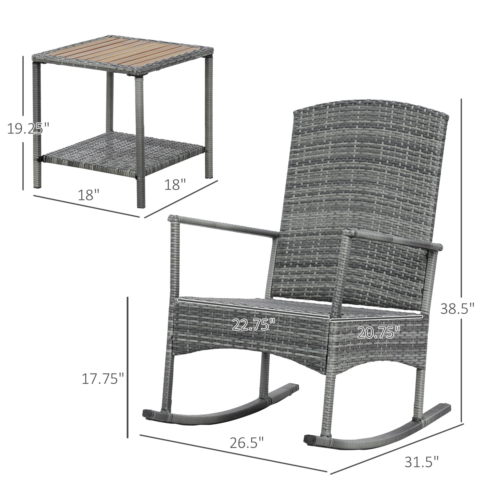 Outsunny 3 Piece Outdoor PE Rattan Rocking Chair Set, Patio Wicker Recliner Rocker Chair with Soft Cushion & Nature Wood Top Coffee Table, Gray