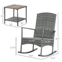 Outsunny 3 Piece Outdoor PE Rattan Rocking Chair Set, Patio Wicker Recliner Rocker Chair with Soft Cushion & Nature Wood Top Coffee Table, Gray