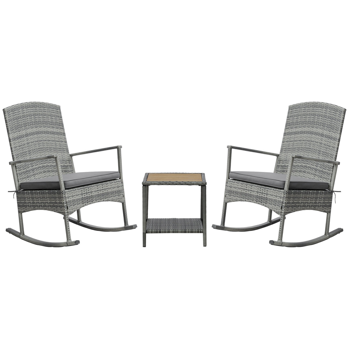 Outsunny 3 Piece Outdoor PE Rattan Rocking Chair Set, Patio Wicker Recliner Rocker Chair with Soft Cushion & Nature Wood Top Coffee Table, Gray