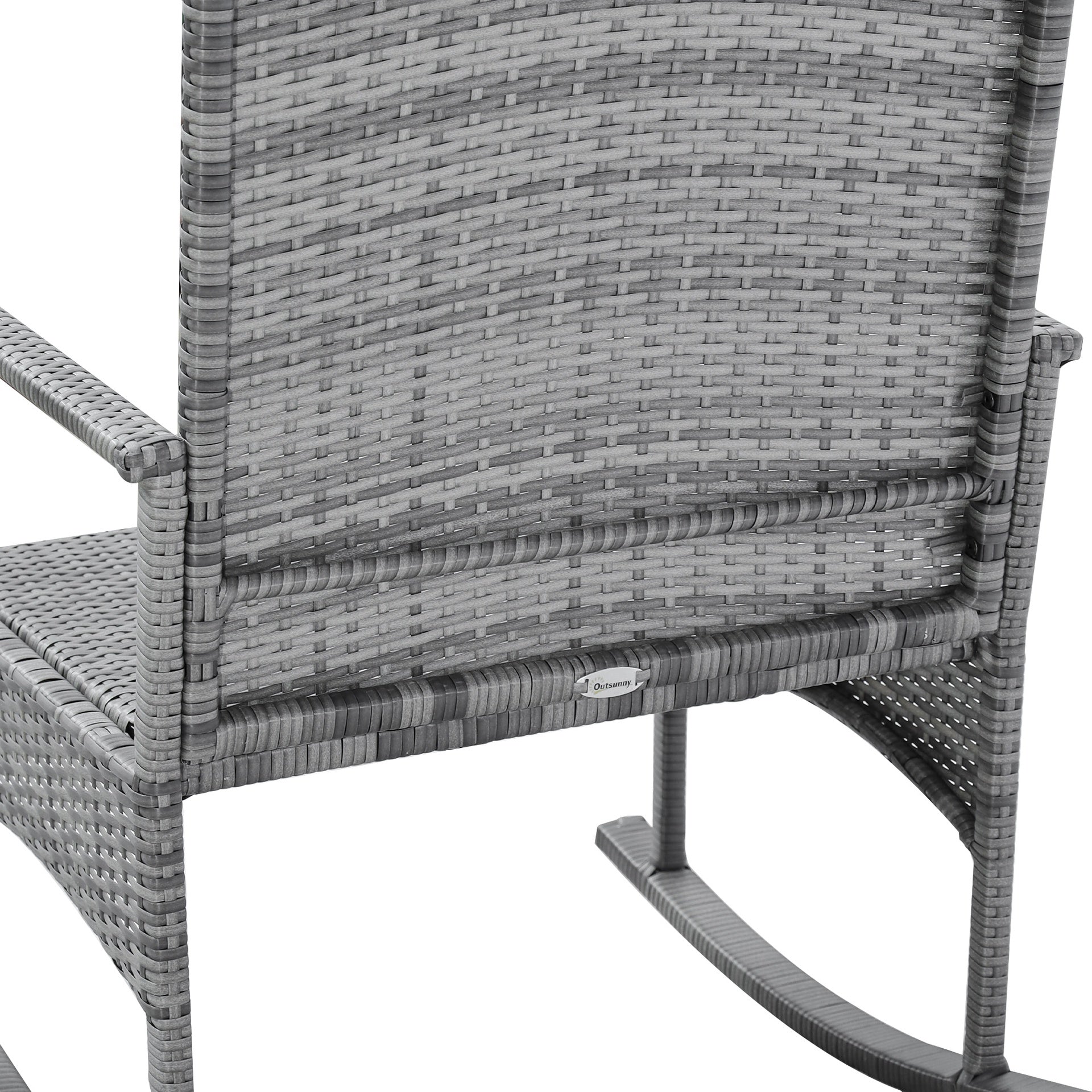 Outsunny 3 Piece Outdoor PE Rattan Rocking Chair Set, Patio Wicker Recliner Rocker Chair with Soft Cushion & Nature Wood Top Coffee Table, Gray