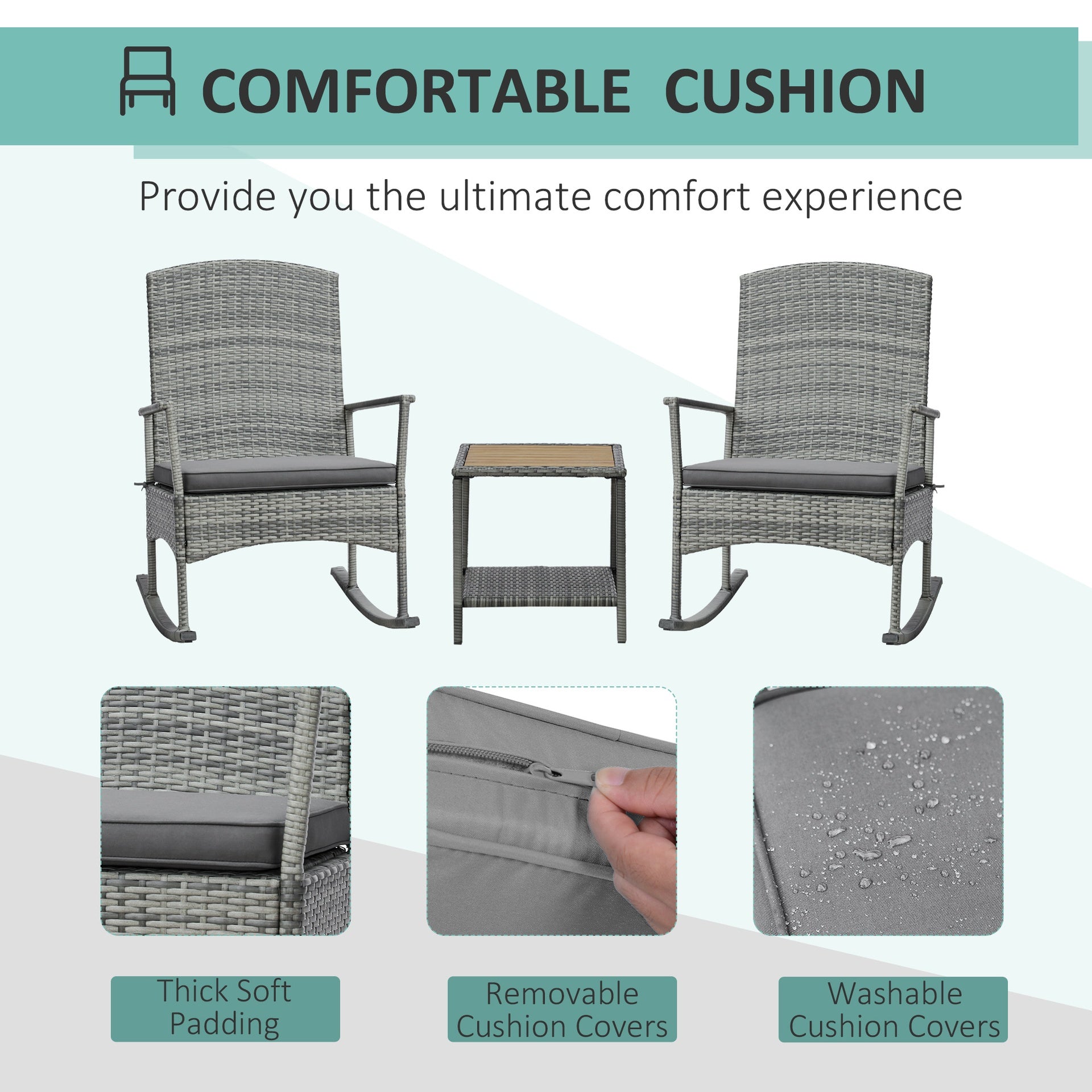 Outsunny 3 Piece Outdoor PE Rattan Rocking Chair Set, Patio Wicker Recliner Rocker Chair with Soft Cushion & Nature Wood Top Coffee Table, Gray
