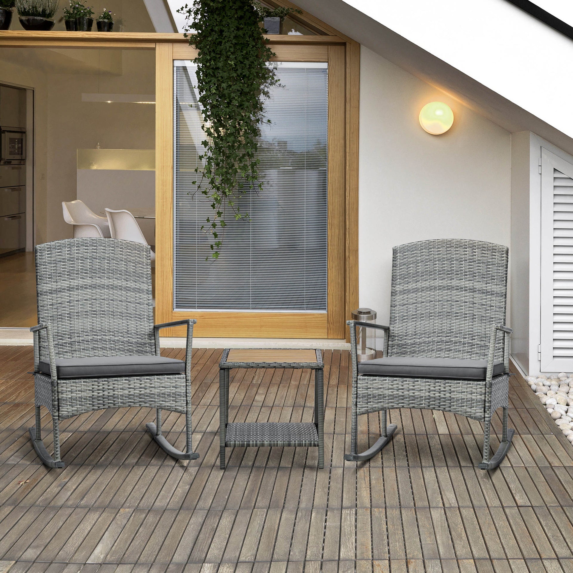 Outsunny 3 Piece Outdoor PE Rattan Rocking Chair Set, Patio Wicker Recliner Rocker Chair with Soft Cushion & Nature Wood Top Coffee Table, Gray