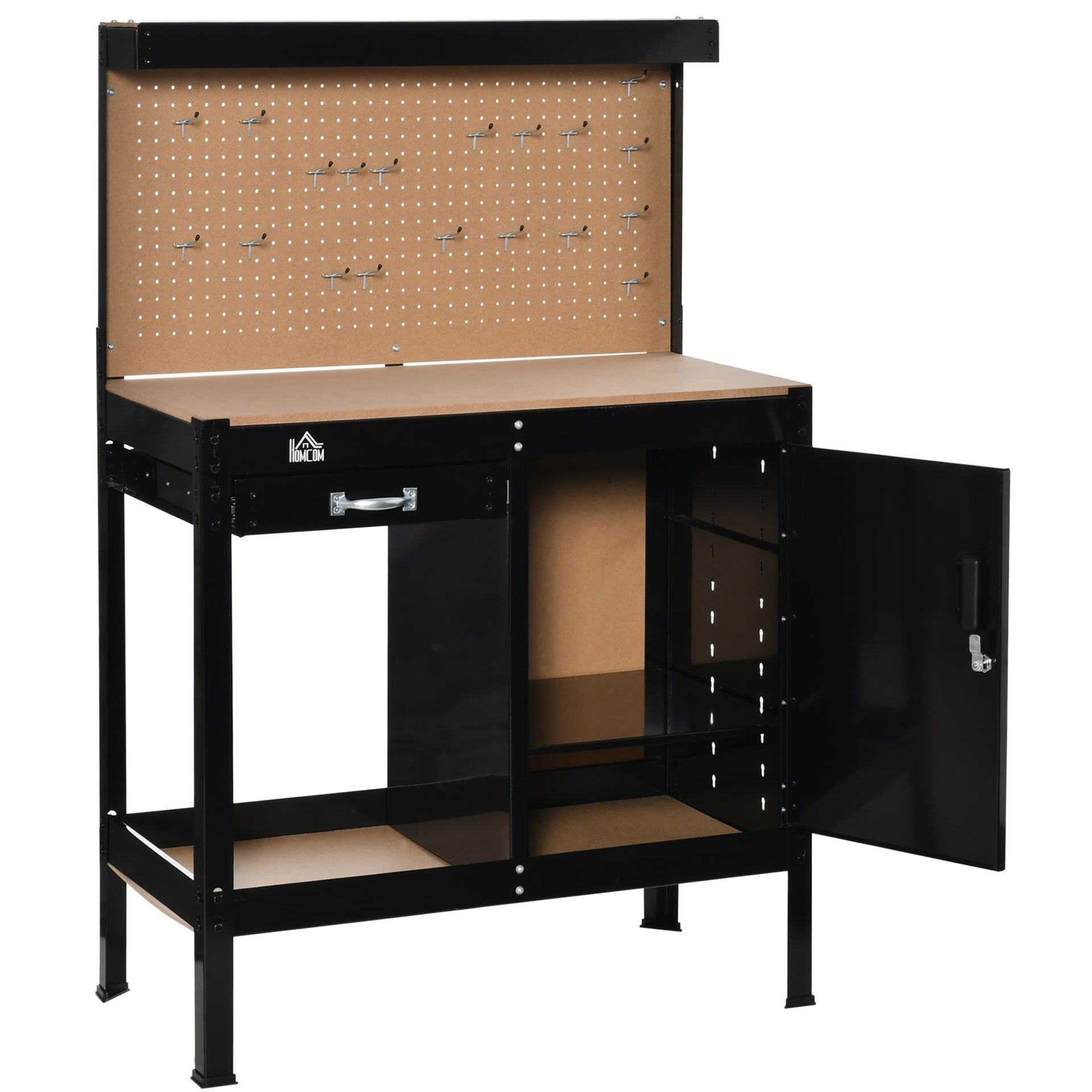 HOMCOM Multipurpose Workbench, Workshop Tool Table with Slide Drawer. Peg Board, Storage Cabinet with Keys
