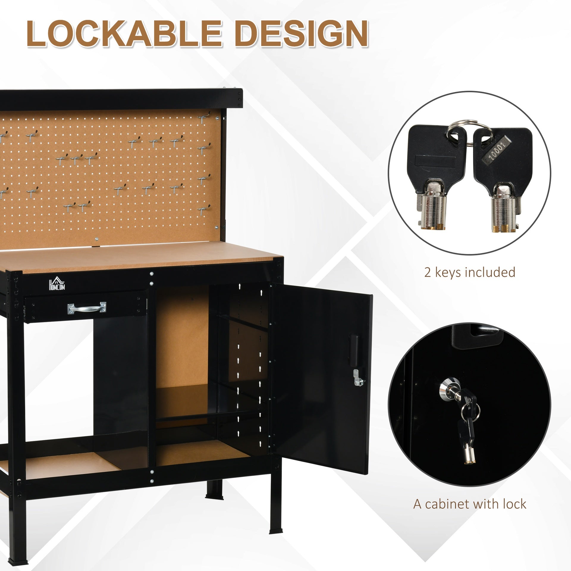 HOMCOM Multipurpose Workbench, Workshop Tool Table with Slide Drawer. Peg Board, Storage Cabinet with Keys