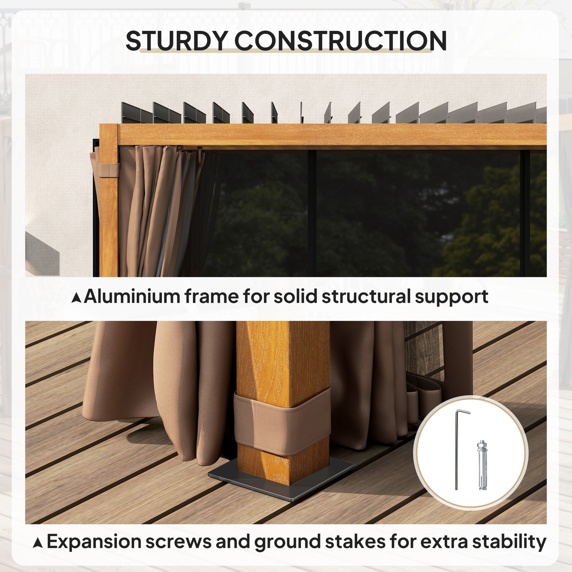 Outsunny 10' x 13' Outdoor Retractable Pergola w/ Sun Shade Louvered Top, Pergola w/ Canopy, Curtains, Netting, Natural Wood