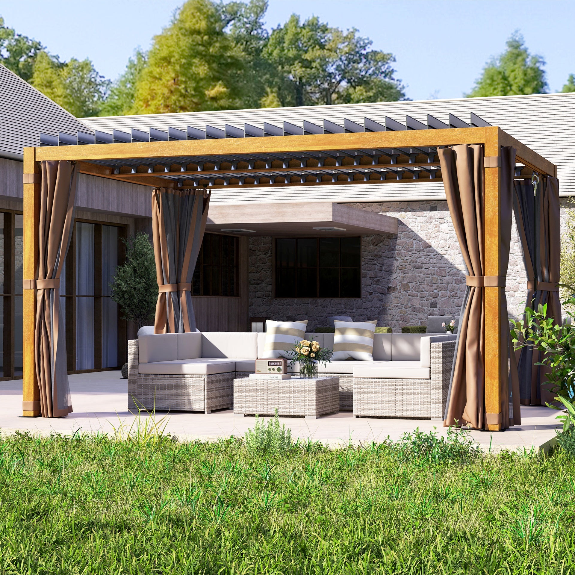 Outsunny 10' x 13' Outdoor Retractable Pergola w/ Sun Shade Louvered Top, Pergola w/ Canopy, Curtains, Netting, Natural Wood