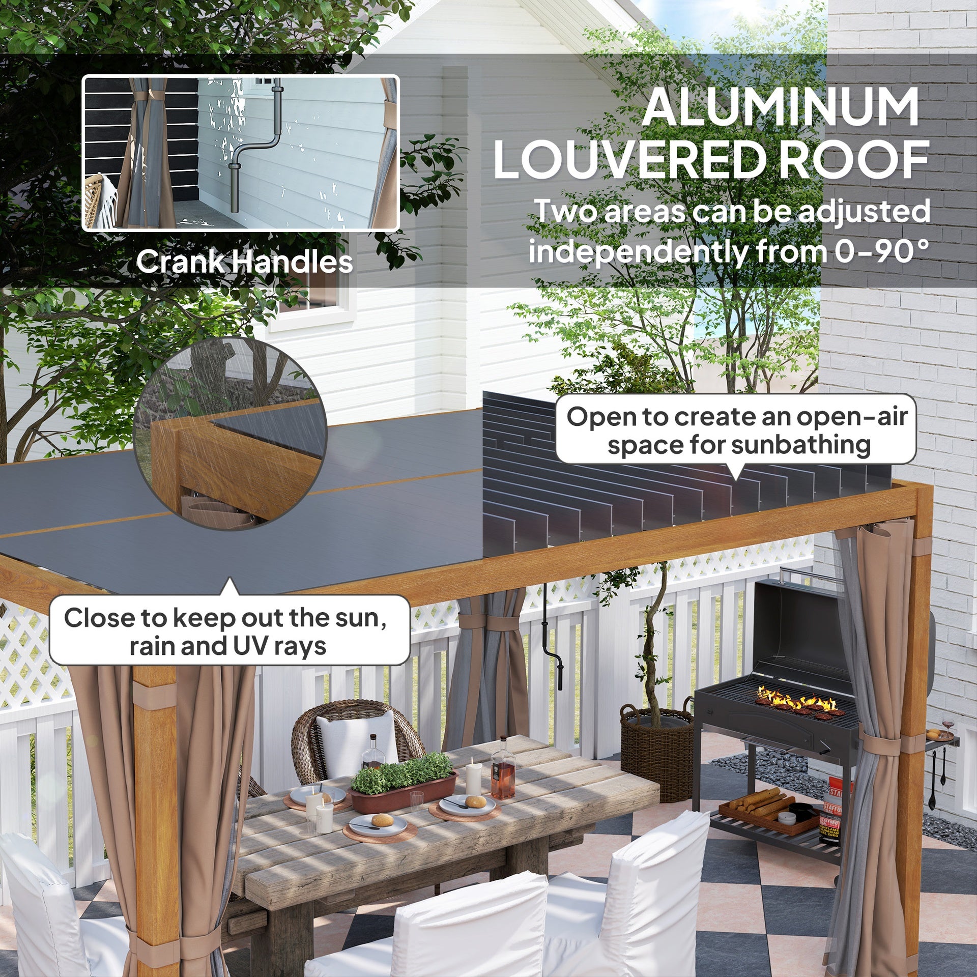 Outsunny 10' x 13' Outdoor Retractable Pergola w/ Sun Shade Louvered Top, Pergola w/ Canopy, Curtains, Netting, Natural Wood