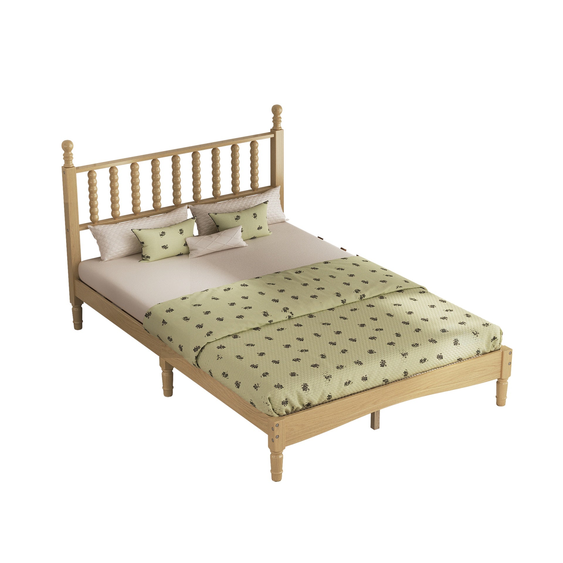 Full Size Wood Platform Bed with Gourd Shaped Headboard,Retro Style Platform Bed with Wooden Slat Support,Natural