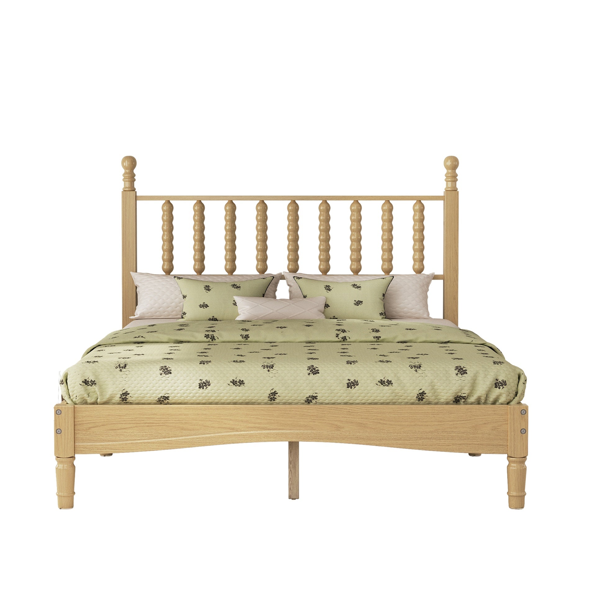 Full Size Wood Platform Bed with Gourd Shaped Headboard,Retro Style Platform Bed with Wooden Slat Support,Natural