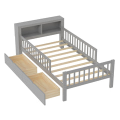 Twin Size Bed with Headboard Storage Rack, Two Under-Bed Drawers, Three-Side Guardrails for Safety and Security,Gray