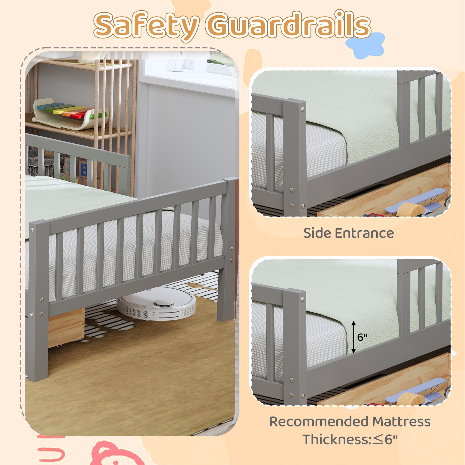 Twin Size Bed with Headboard Storage Rack, Two Under-Bed Drawers, Three-Side Guardrails for Safety and Security,Gray