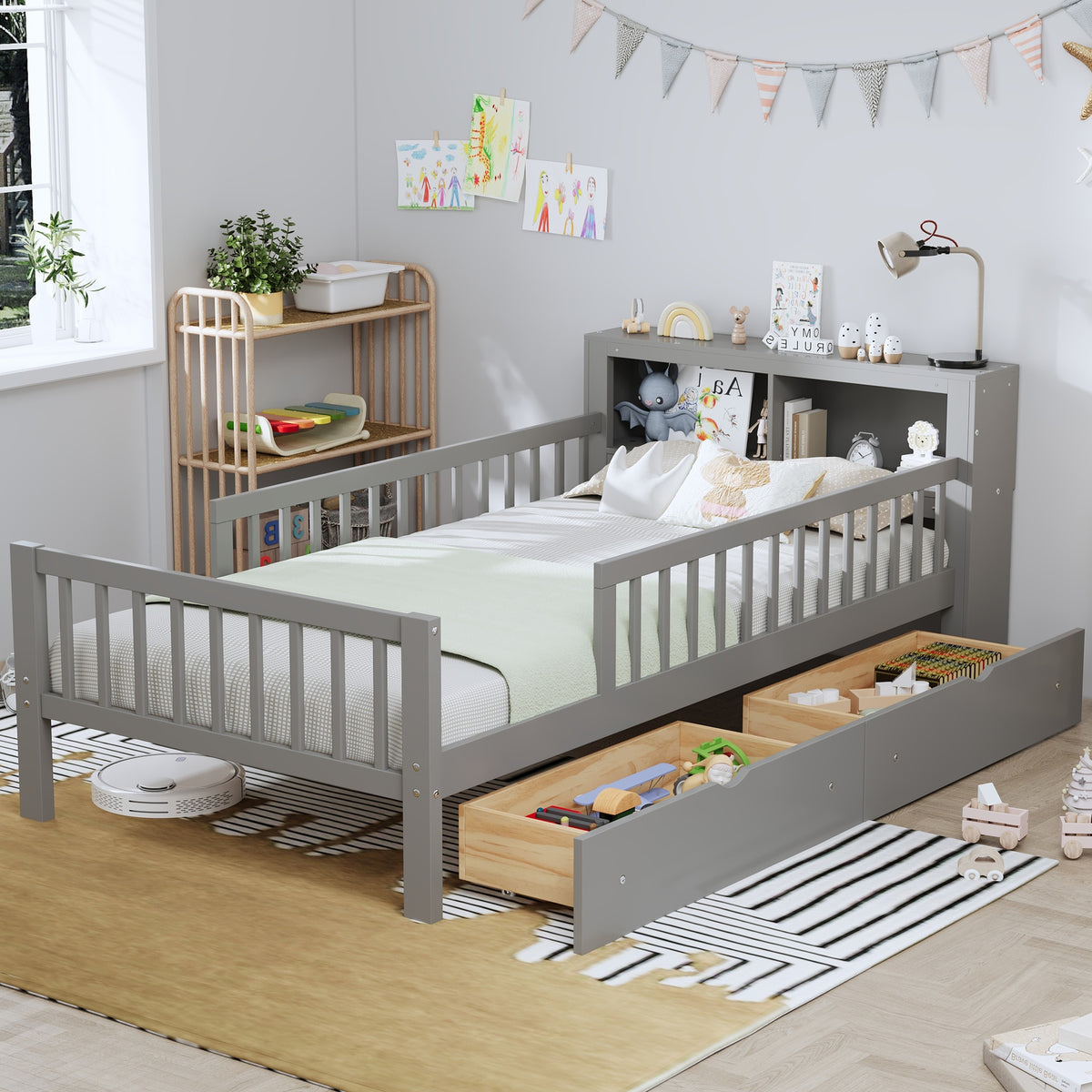 Twin Size Bed with Headboard Storage Rack, Two Under-Bed Drawers, Three-Side Guardrails for Safety and Security,Gray