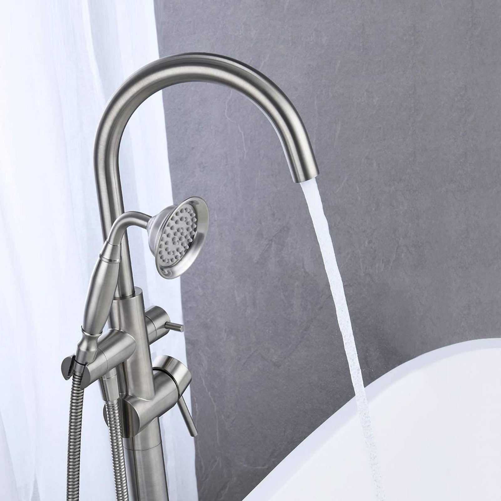 Freestanding Bathtub Faucet with Handheld Shower  40.12" High Swan Neck Spout  Brushed Nickel Solid Brass  for Clawfoot Tub