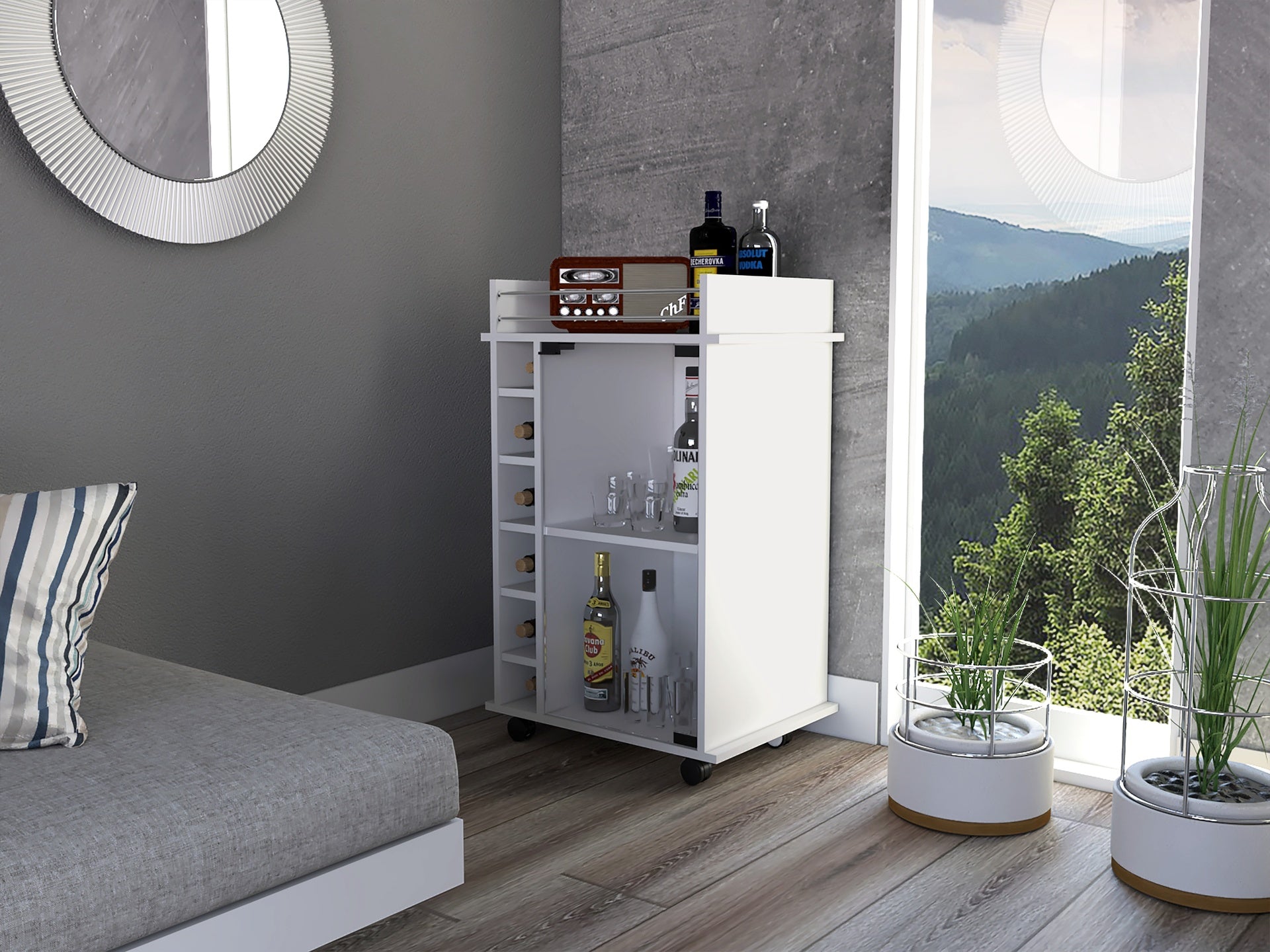 Dukat Bar Cart,Two Shelves, Six Built-in Wine Rack, Four Casters -White