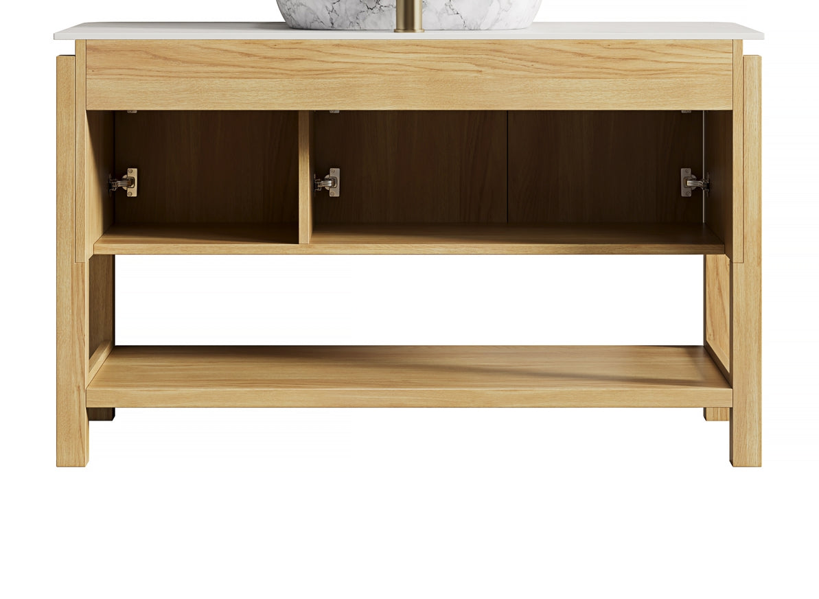 SHARMA 48'' Freestanding Cabinet with 3 Doors&Open Shelf, Carrara White Sintered Stone Top, NO Basin, NO Faucet and Drain, Brown Oak Woodgrain Color
