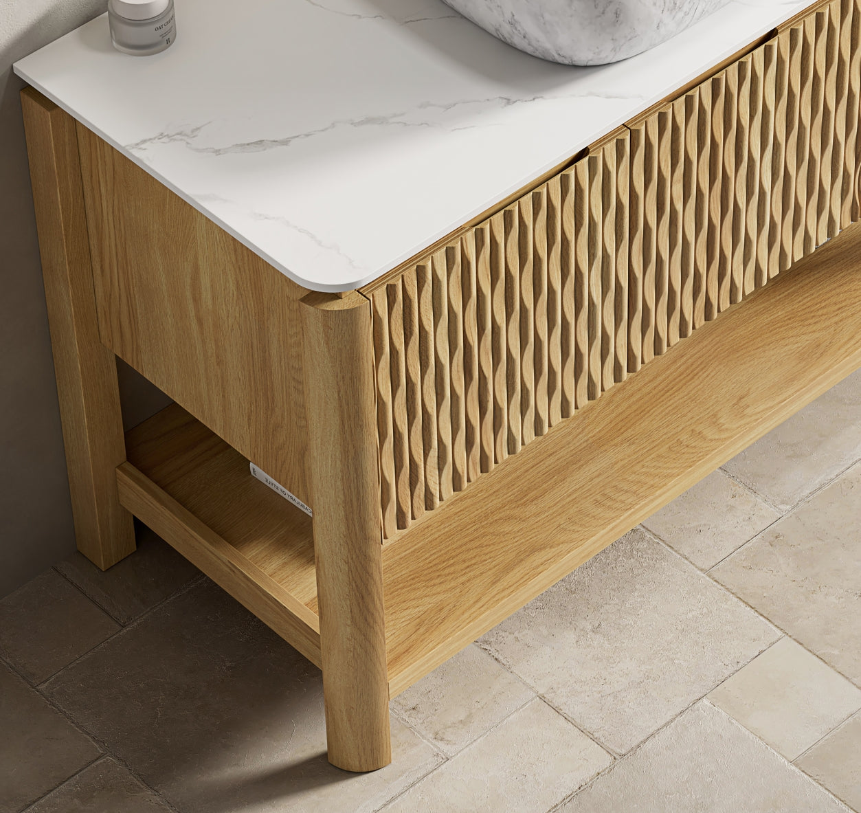 SHARMA 48'' Freestanding Cabinet with 3 Doors&Open Shelf, Carrara White Sintered Stone Top, NO Basin, NO Faucet and Drain, Brown Oak Woodgrain Color