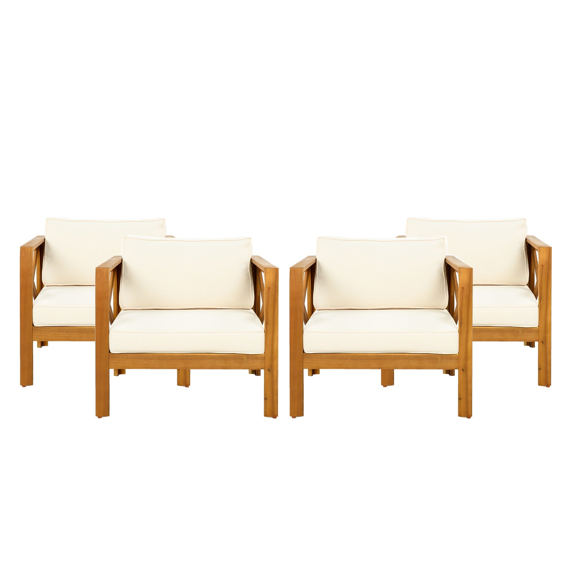 Outdoor Acacia Wood Club Wooden Armchair with Cushions (Set of 4), Conversation Set,Suitable For Outdoor Gatherings,Teak Finish,Beige Cushion