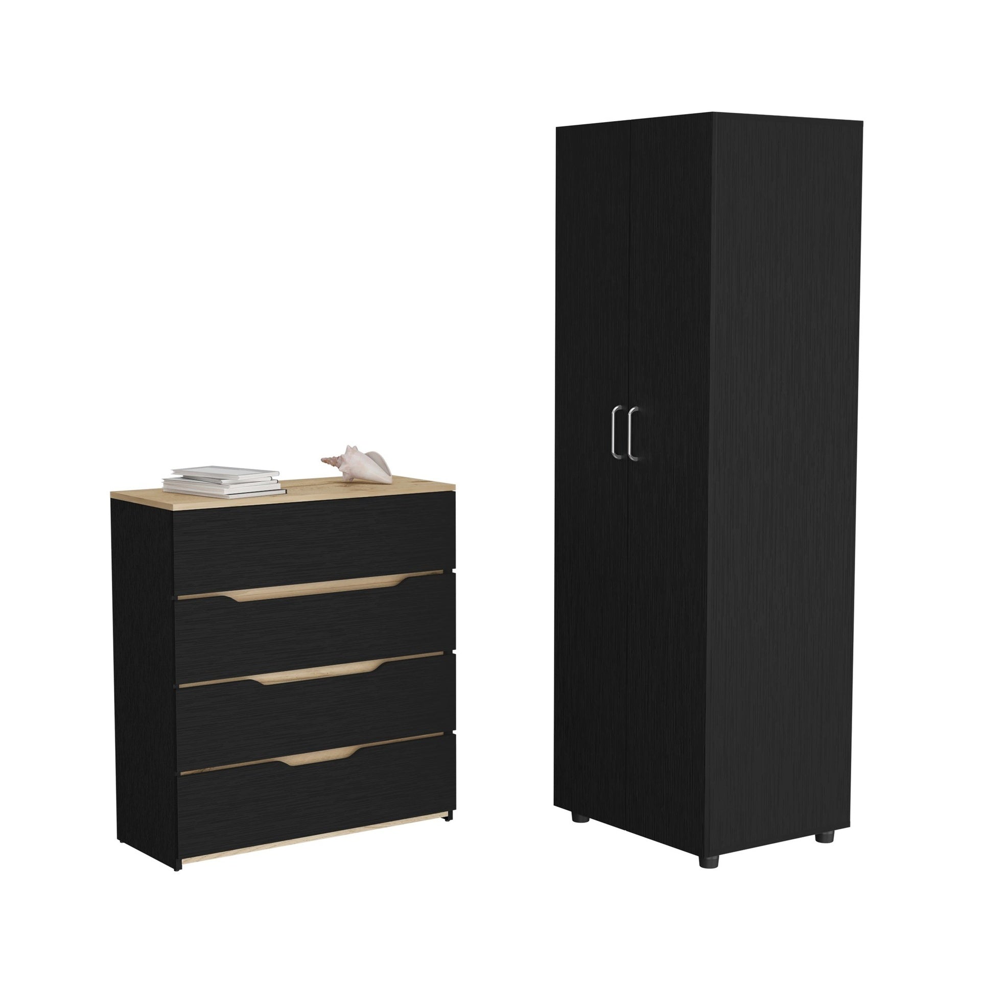 2 Piece Bedroom Set, London Armoire + Aralia Drawer Dresser, Black / Light Oak