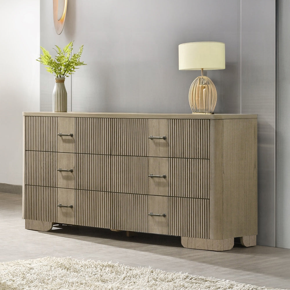1pc Transitional Style Dresser with 6x Storage Drawers Reeded Front Antique Oak Finish Wooden Rustic Bedroom Furniture