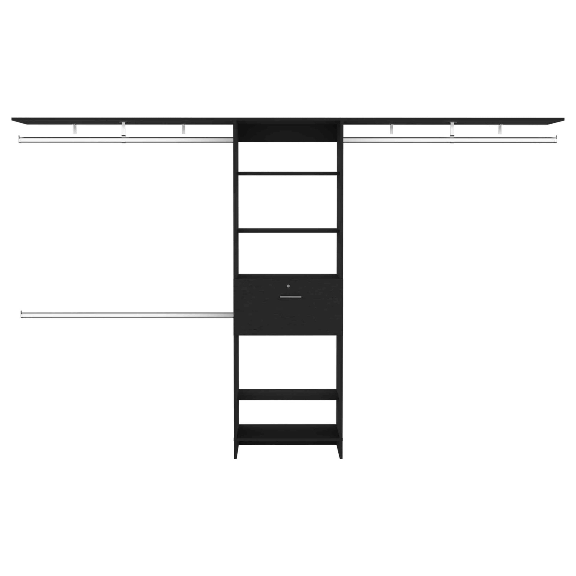 Plego 70"W - 118"W Drawers Closet System, One Drawer,Three Hanging Rods, Five Shelves -Black