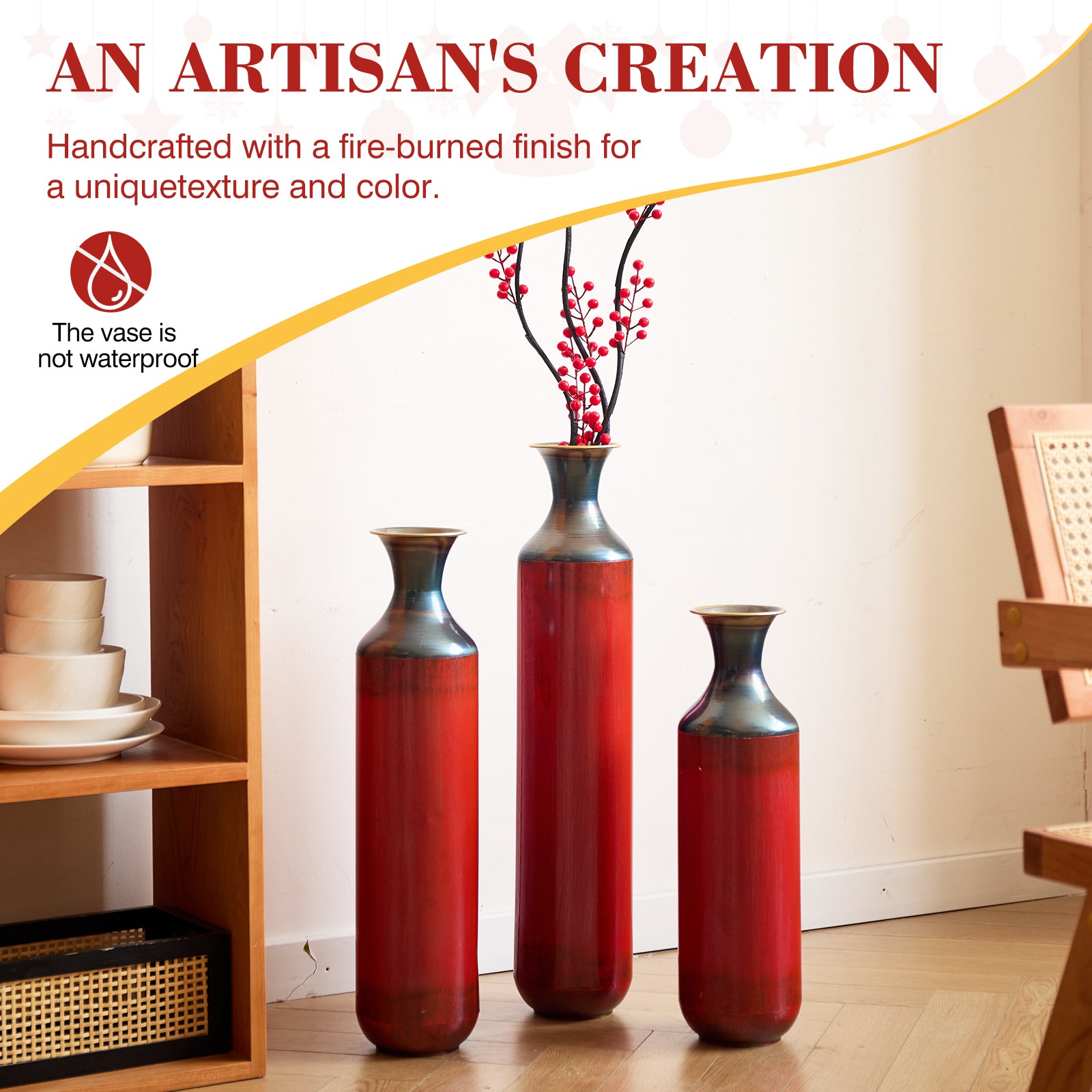 Artisanal Fire-Finished Metal Vases, Set of 3 Tall Rustic Floor Vases, Handcrafted Burned Texture for Modern Farmhouse & Industrial Home Decor (28.35, 24.41, 20.47 Inch)
