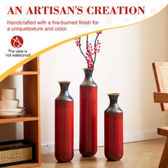 Artisanal Fire-Finished Metal Vases, Set of 3 Tall Rustic Floor Vases, Handcrafted Burned Texture for Modern Farmhouse & Industrial Home Decor (28.35, 24.41, 20.47 Inch)