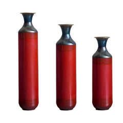 Artisanal Fire-Finished Metal Vases, Set of 3 Tall Rustic Floor Vases, Handcrafted Burned Texture for Modern Farmhouse & Industrial Home Decor (28.35, 24.41, 20.47 Inch)