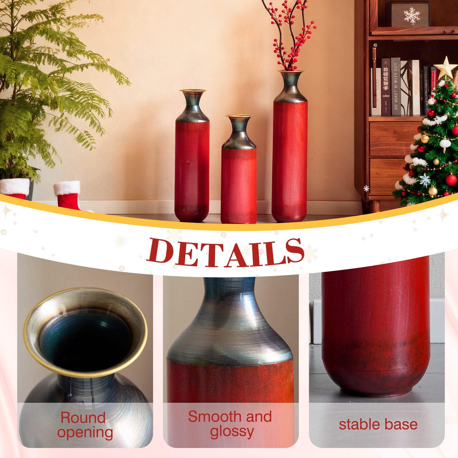 Artisanal Fire-Finished Metal Vases, Set of 3 Tall Rustic Floor Vases, Handcrafted Burned Texture for Modern Farmhouse & Industrial Home Decor (28.35, 24.41, 20.47 Inch)