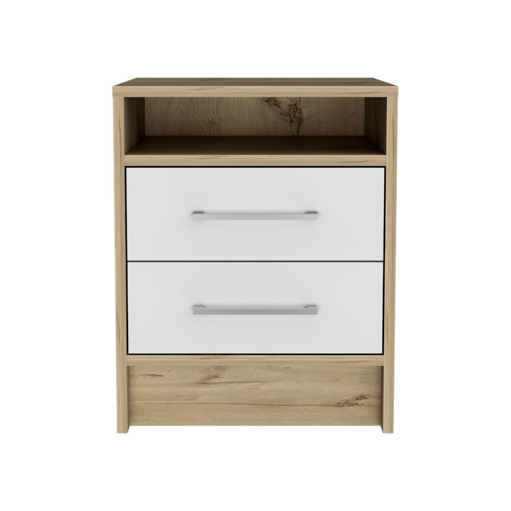 Eter Nightstand , End Table, Side Table Superior Top, Two Drawers -White / Light Oak