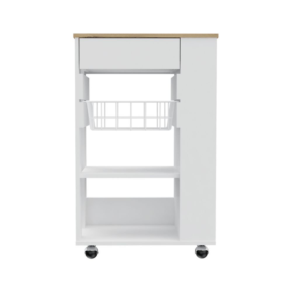 Blosson Kitchen Cart,  One Drawer, Two Open Shelves, Four Casters -White / Light Oak