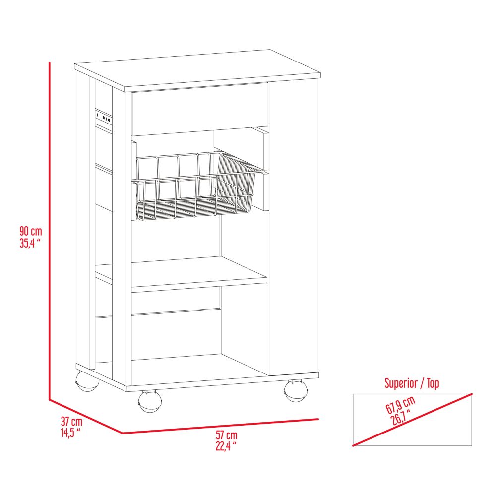 Blosson Kitchen Cart,  One Drawer, Two Open Shelves, Four Casters -White / Light Oak