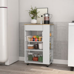 Blosson Kitchen Cart,  One Drawer, Two Open Shelves, Four Casters -White / Light Oak