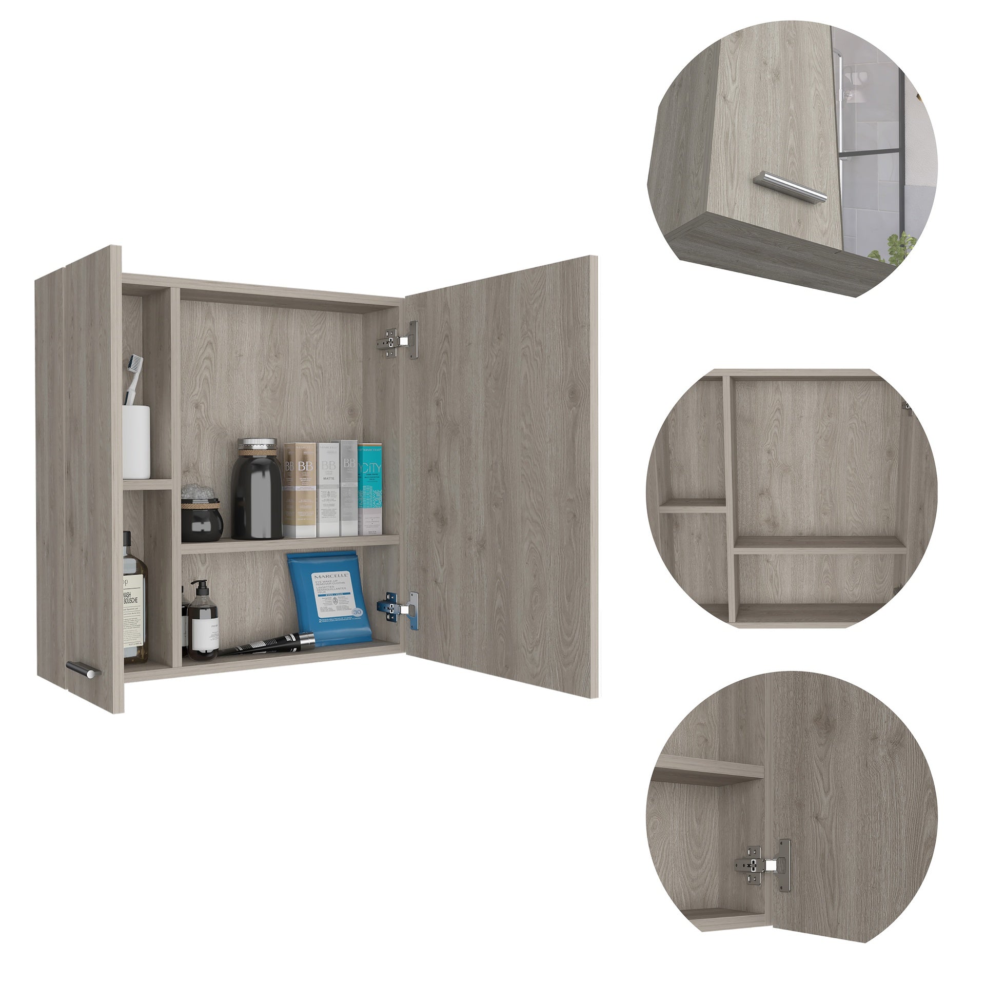 Sines Mirror Medicine Cabinet, With Four Internal Shelves, Double Door, Minimalist Bathroom Storage, Light Gray