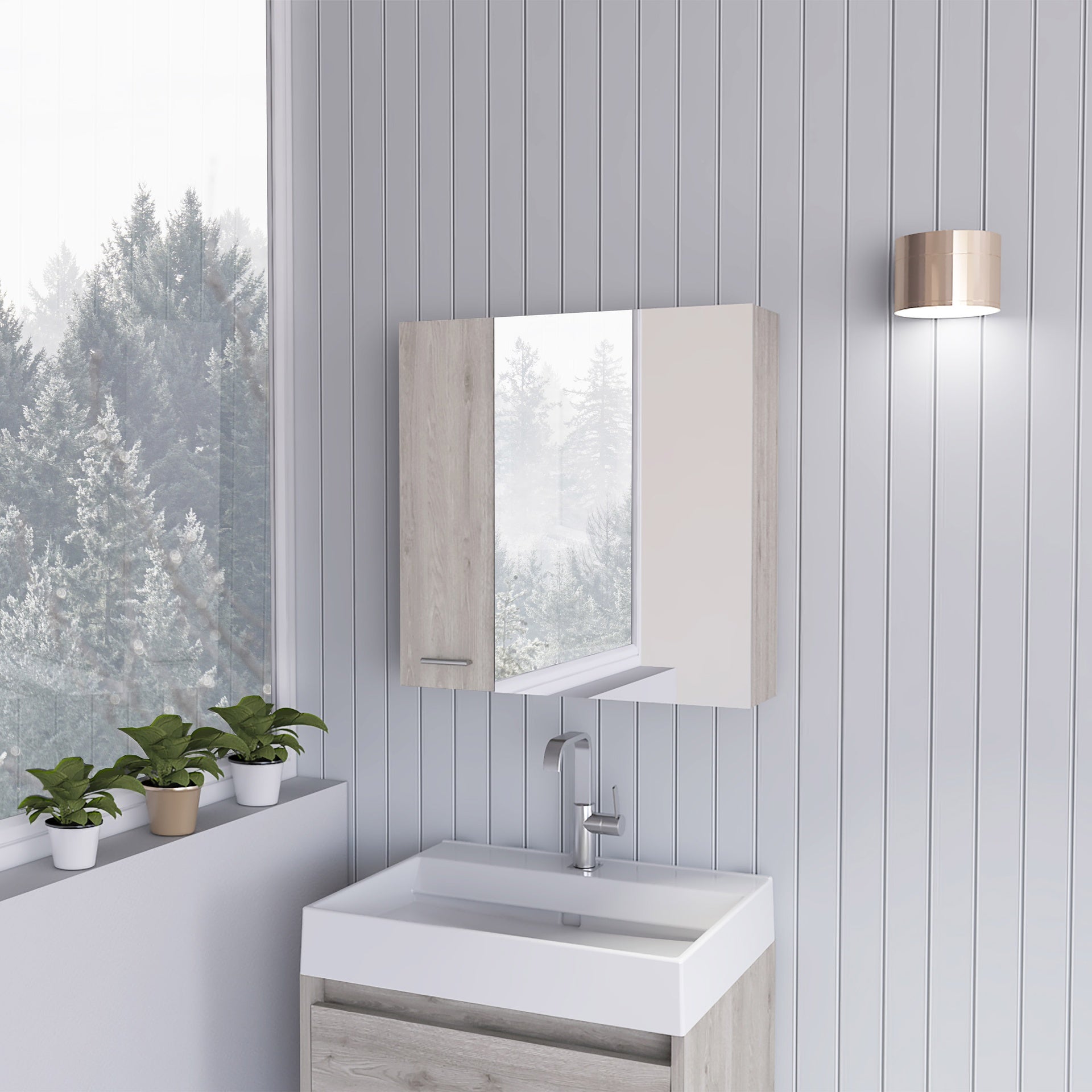 Sines Mirror Medicine Cabinet, With Four Internal Shelves, Double Door, Minimalist Bathroom Storage, Light Gray