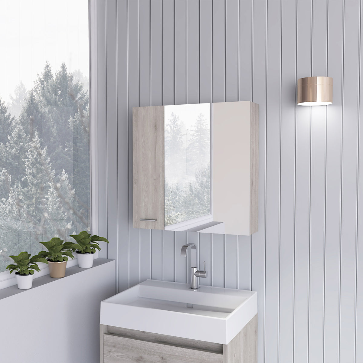 Sines Mirror Medicine Cabinet, With Four Internal Shelves, Double Door, Minimalist Bathroom Storage, Light Gray