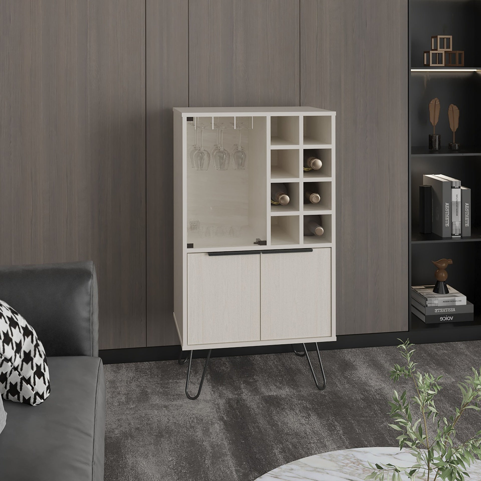 Aster 23" Wide Double Door Bar Cabinet and Glass door comparment, Eight bottle cubbies and stemware