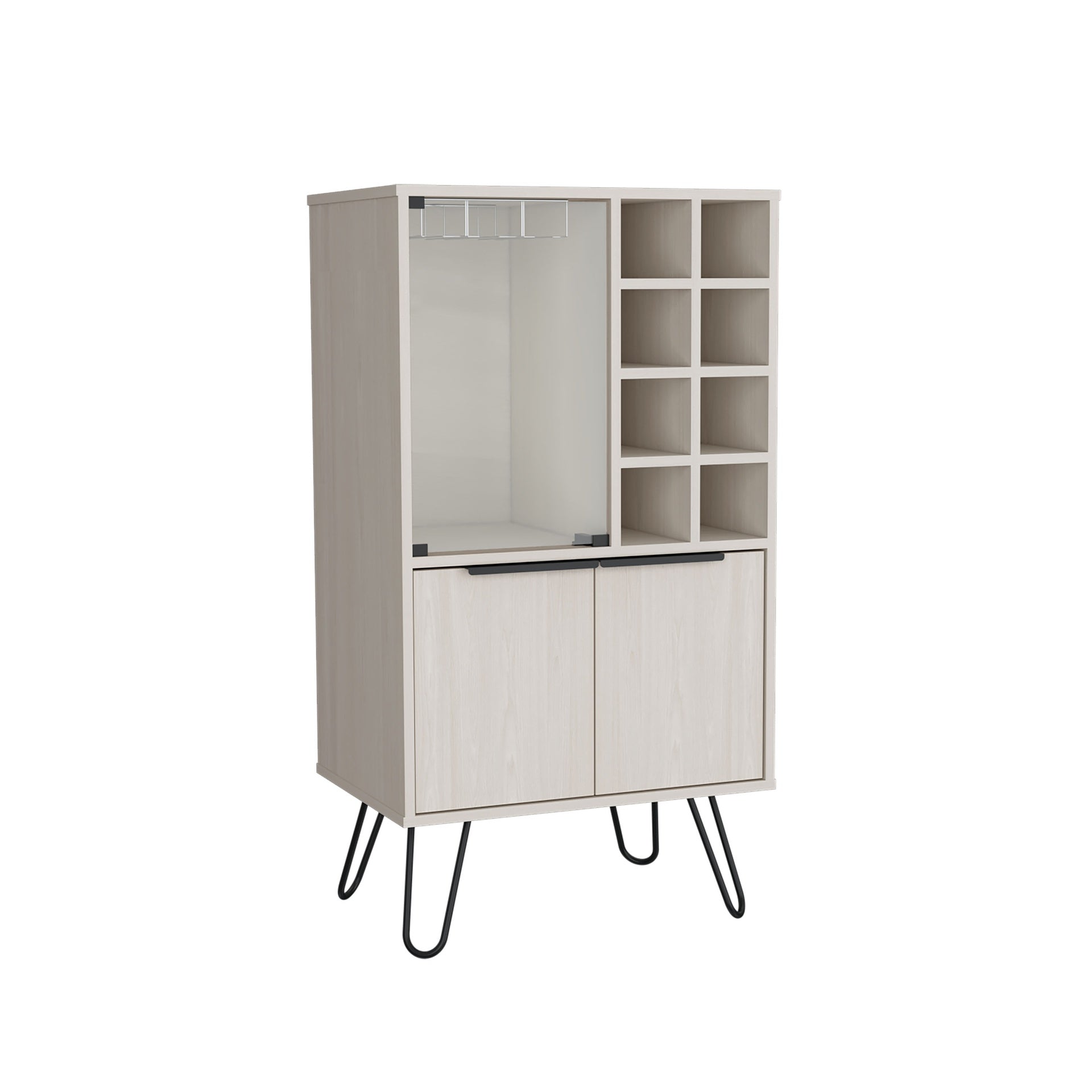 Aster 23" Wide Double Door Bar Cabinet and Glass door comparment, Eight bottle cubbies and stemware