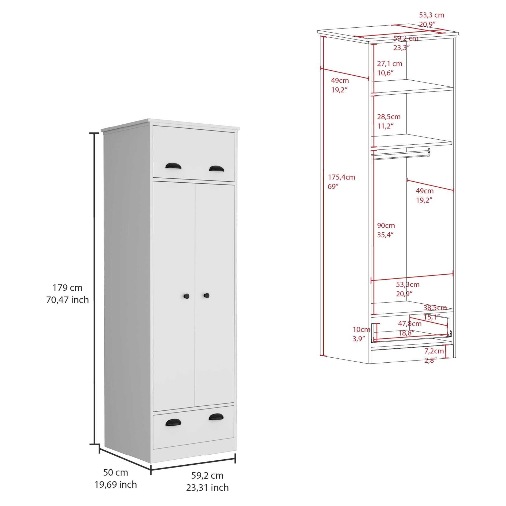 Falkland Armoire with 1 Drawer and 1 Hinged Drawer with Handles White