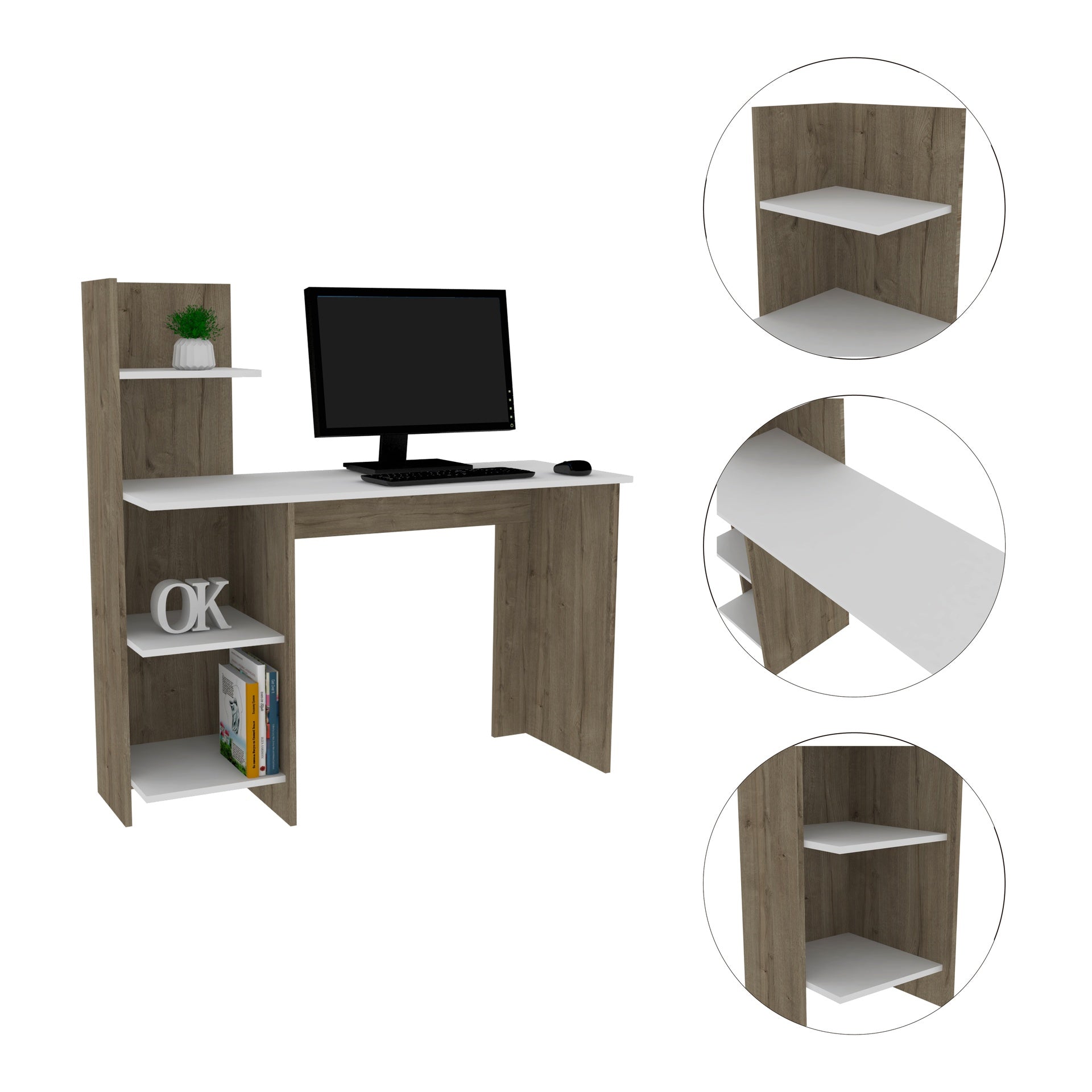Vilna 120 Writing Desk , Four Shelves -Light Oak / White