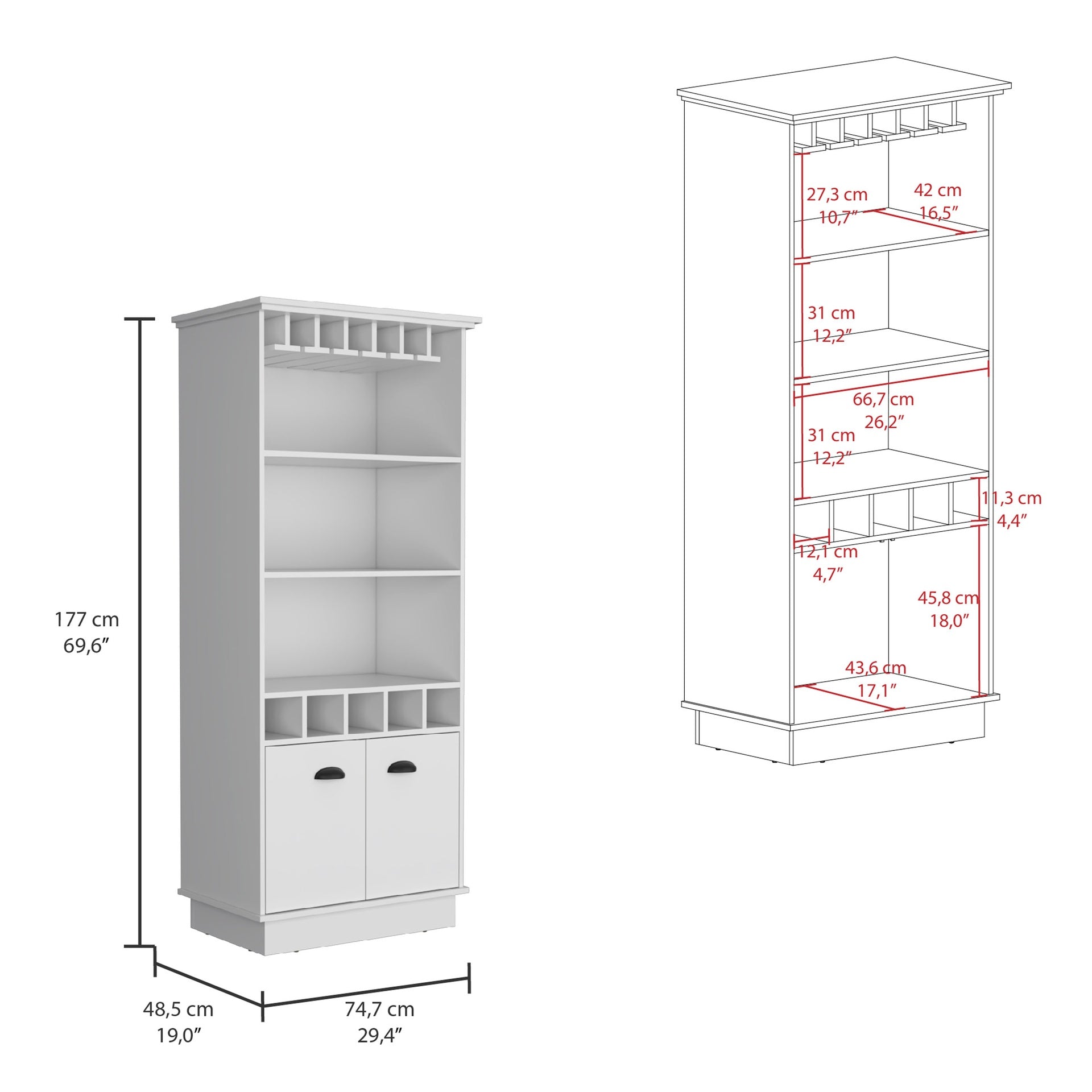 Dundee 70-Inch High 10-Glass Bar Cabinet with 5 Cubbies and 3 Open Shelves and Cabinet White